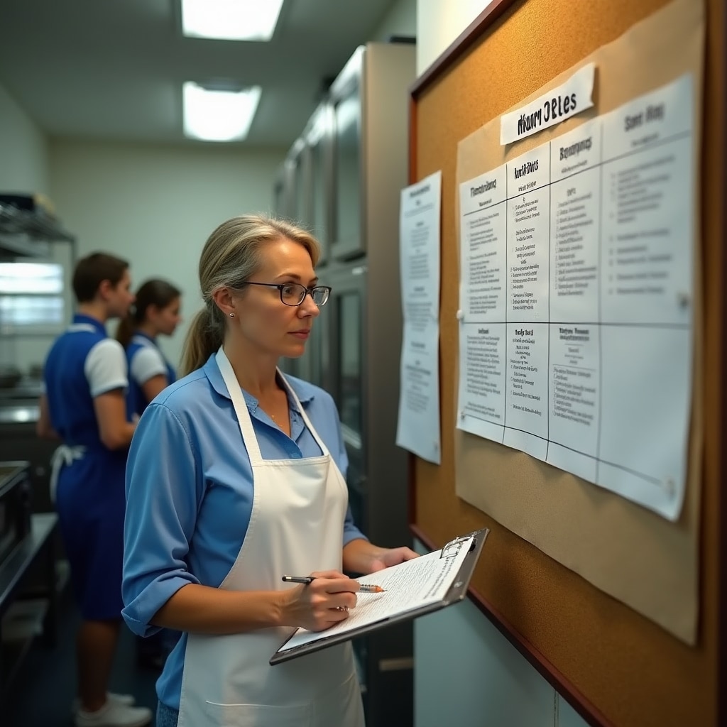 Vedúca školskej jedálne kontroluje denné menu a zásoby
